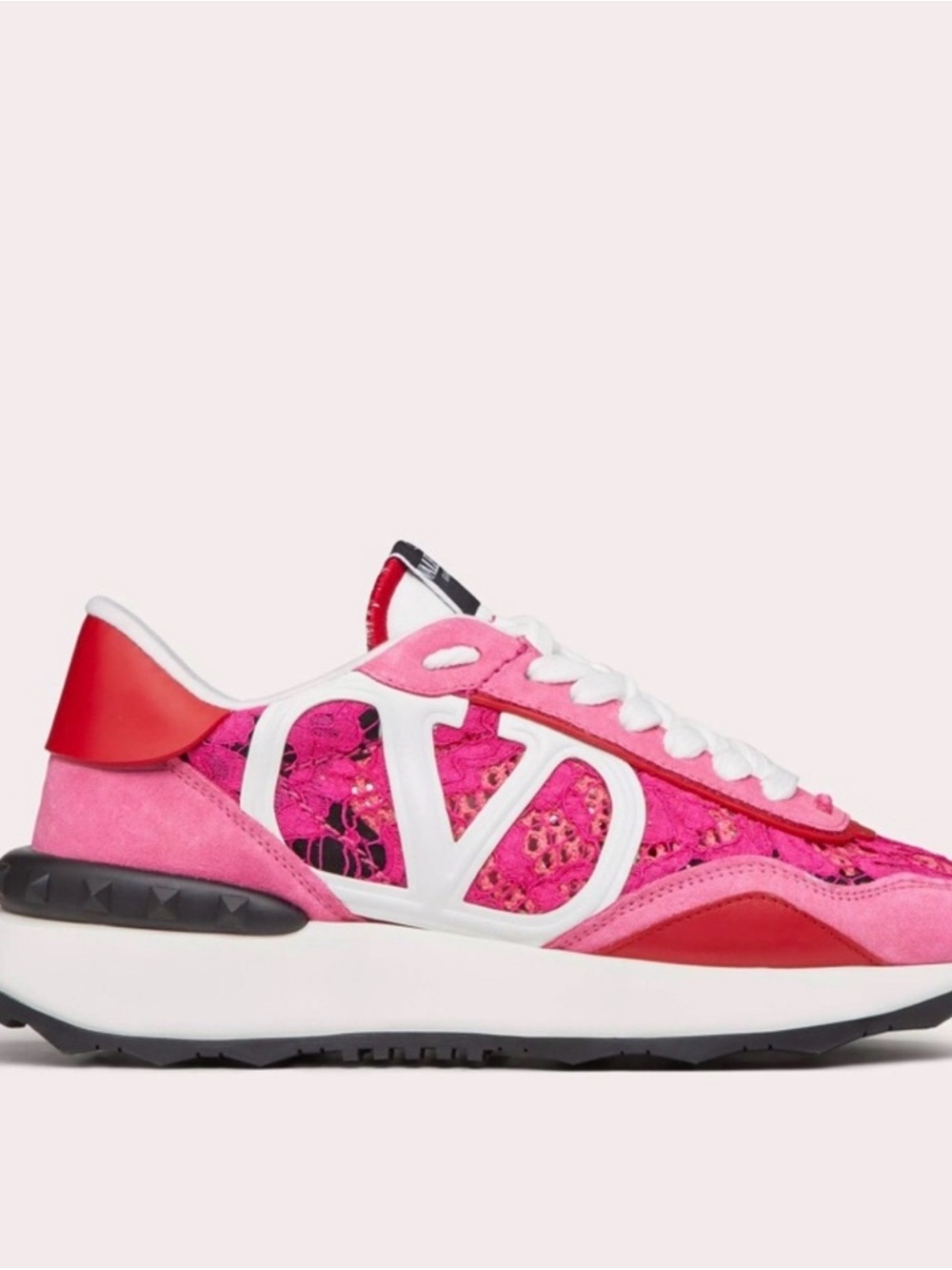 Valentino Pink and Red Lace Suede VLogo Runner Sneaker